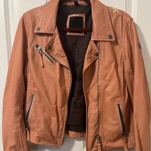 Leather bomber jacket with stars on back